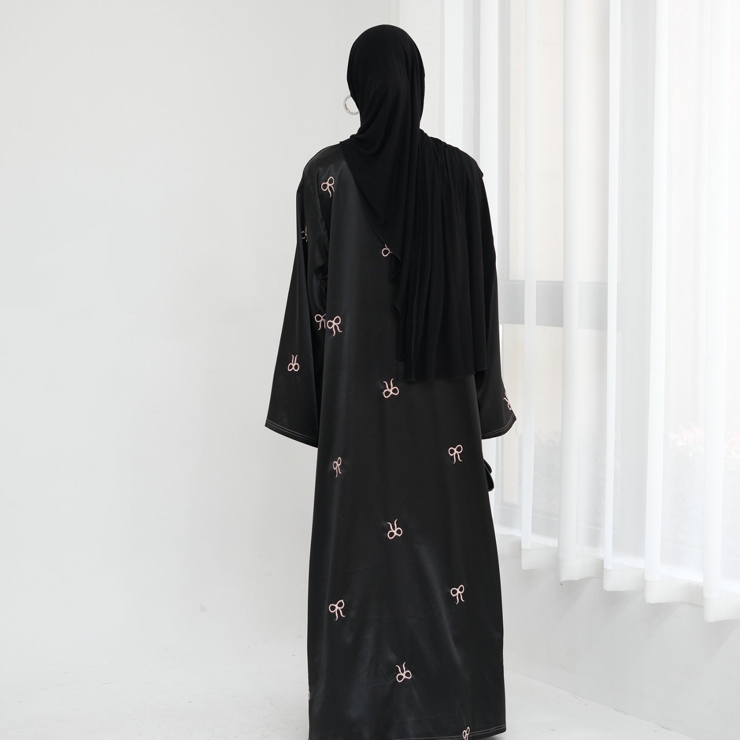 Satin Bow Abaya - Black
