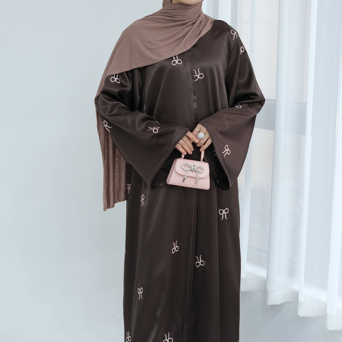 Satin Bow Abaya - Brown