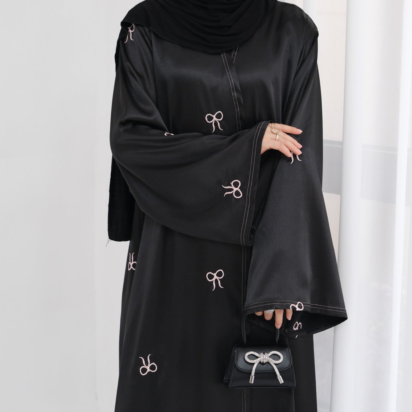 Satin Bow Abaya - Black