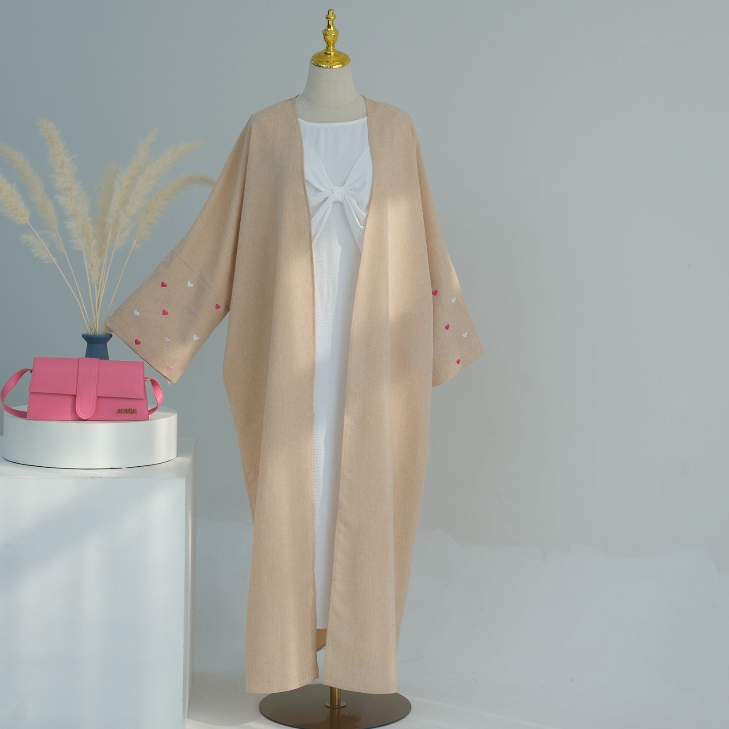 Embroidered Hearts Abaya (with buttons) - Beige