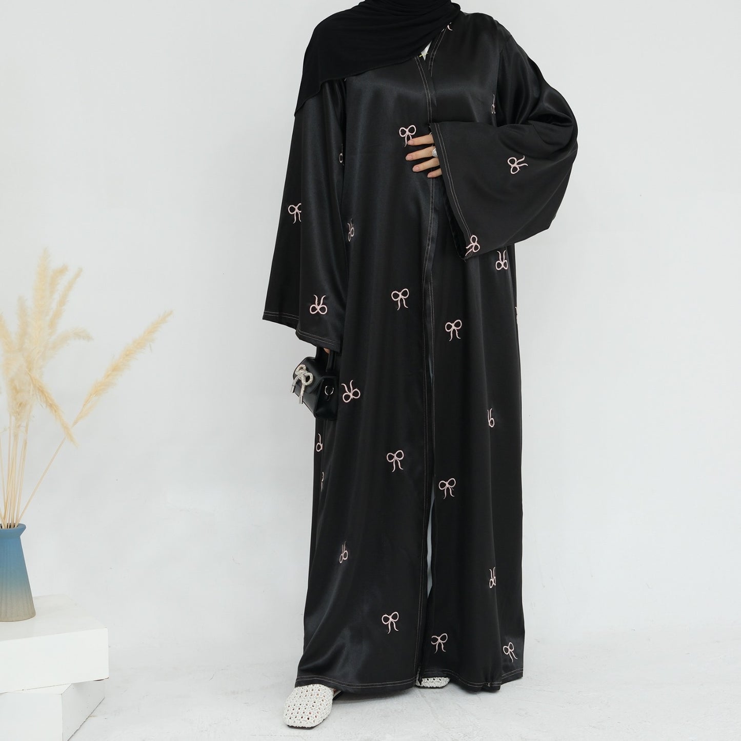 Satin Bow Abaya - Black