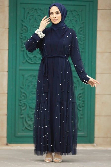 Navy Pearl Cuff Open Abaya