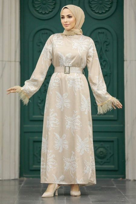 Beige Feathers Satin Maxi