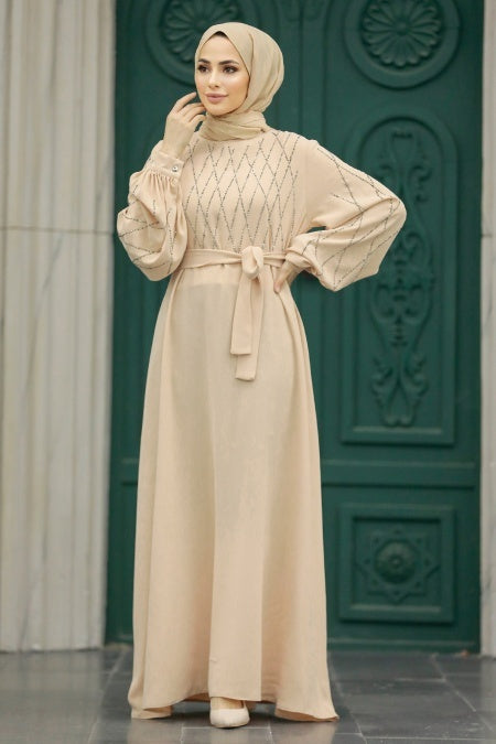 Zeina Rhinestone Dress - Beige