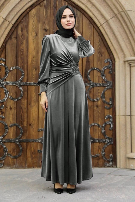 Samia Velvet Dress - Gray Taj Al Nisa Samia Velvet Dress - Gray Taj Al Nisa