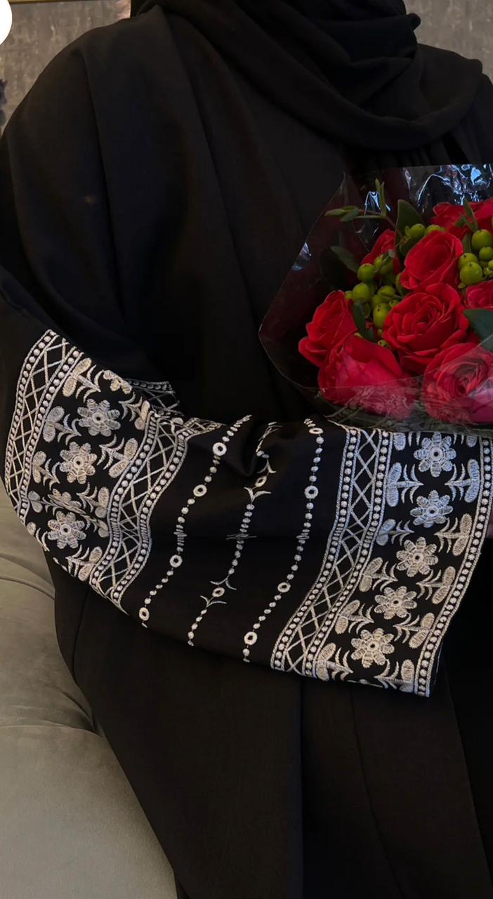 Embroidered Flowers Abaya - Black