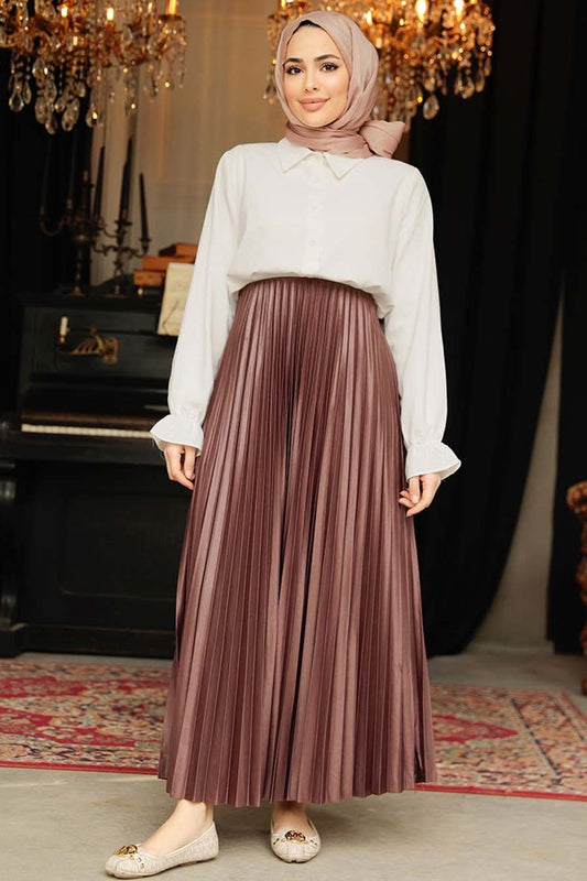 Satin Pleated Skirt - Brown