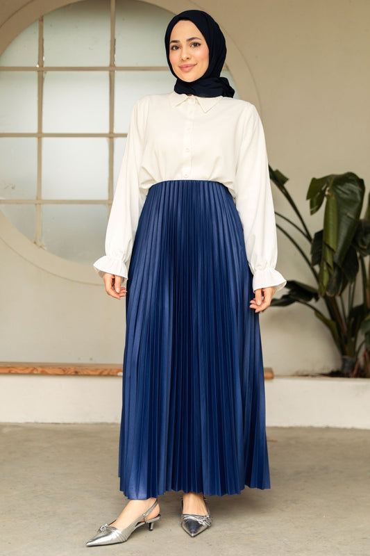 Satin Pleated Skirt - Blue