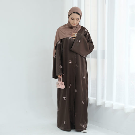 Satin Bow Abaya - Brown