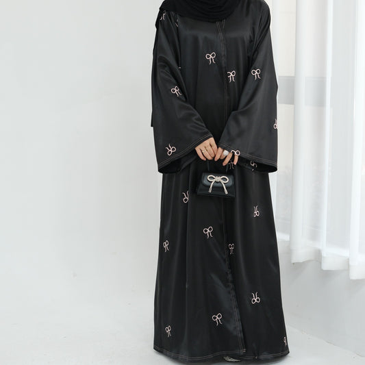 Satin Bow Abaya - Black