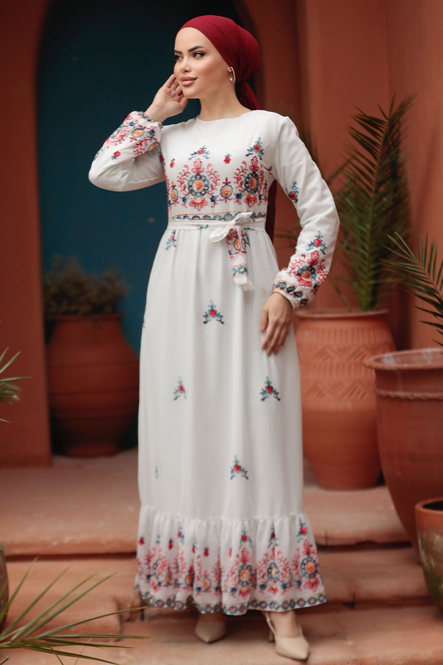 Embroidered Floral Dress - White