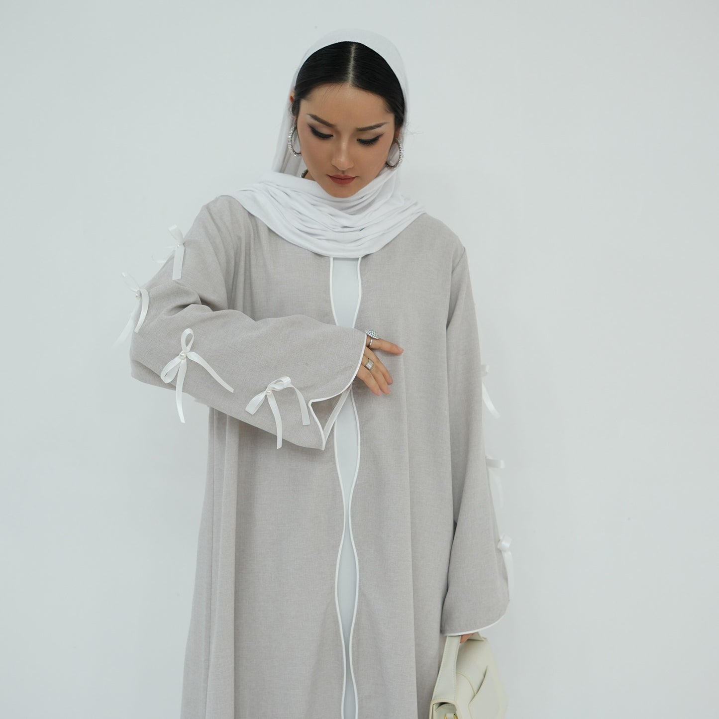 Bow Sleeve Abaya - Light Gray