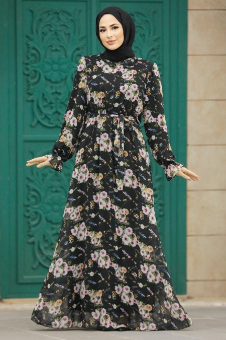 Belkees Chiffon Floral Dress- Black
