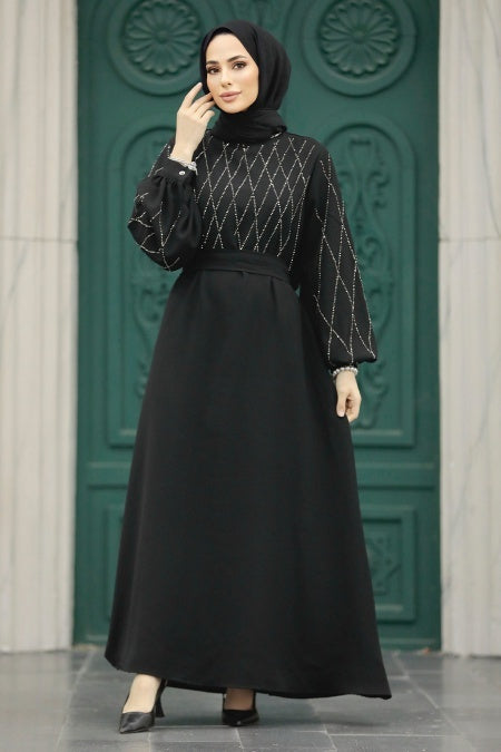 Zeina Rhinestone Dress - Black