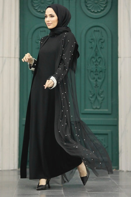 Black Pearl Cuff Open Abaya
