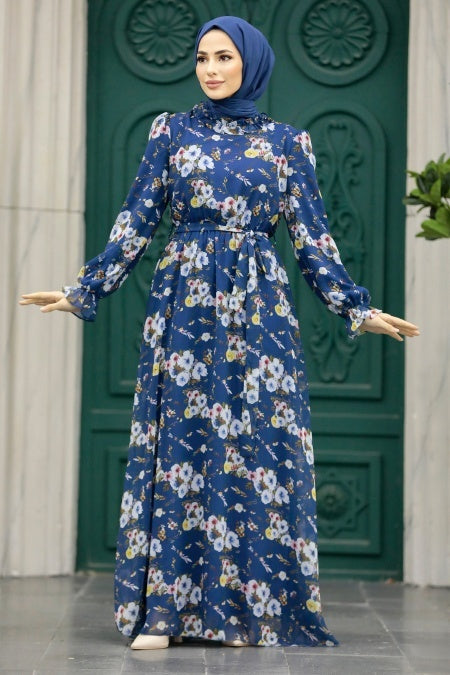 Belkees Chiffon Floral Dress - Blue