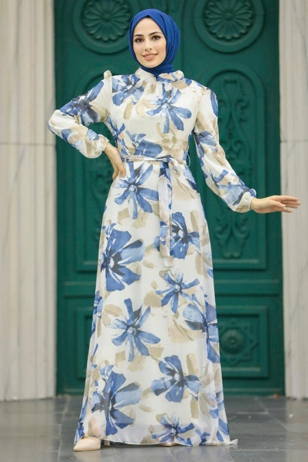 Blue/Beige Chiffon Dress