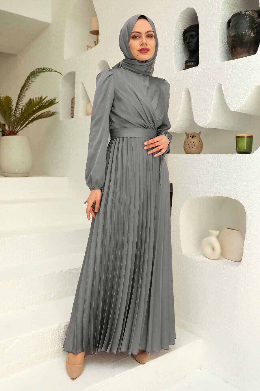 Rumaisa Satin Pleated Dress - Silver