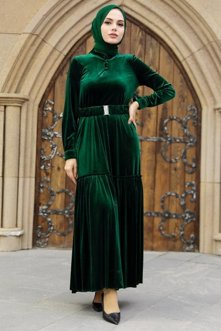 Sarah Velvet Belted Dress - Green