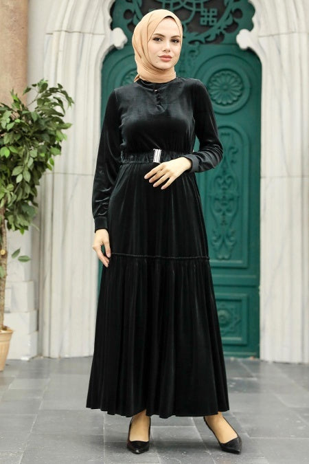 Sarah Velvet Belted Dress - Black