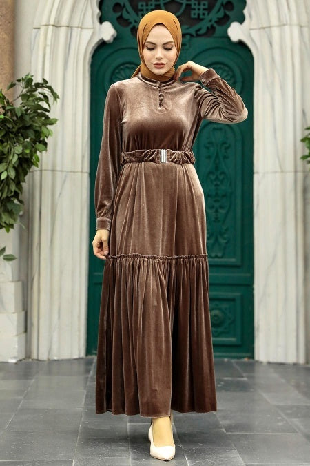 Sarah Velvet Belted Dress - Brown