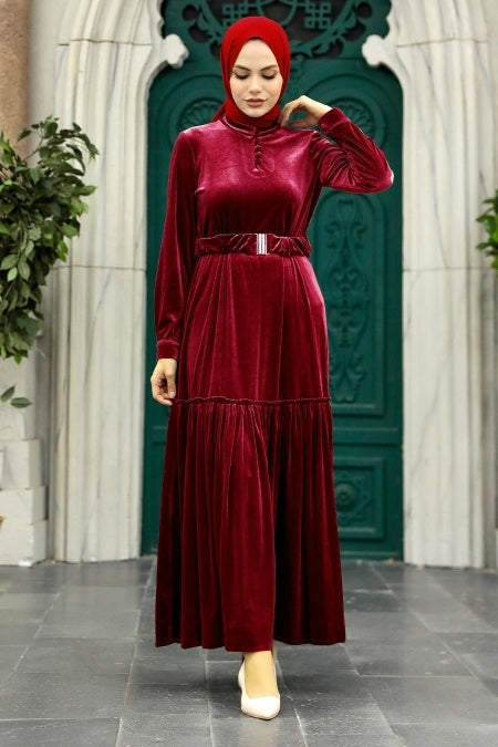 Sarah Velvet Belted Dress - Red