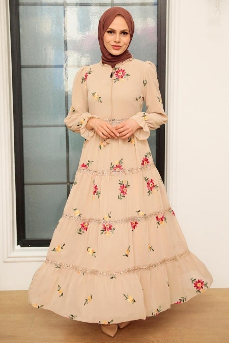 Noor Embroidered Dress - Beige