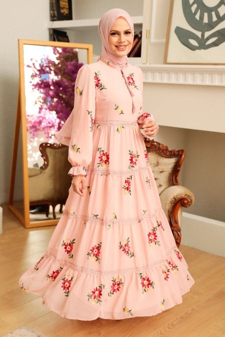 Noor Embroidered Dress-Pink