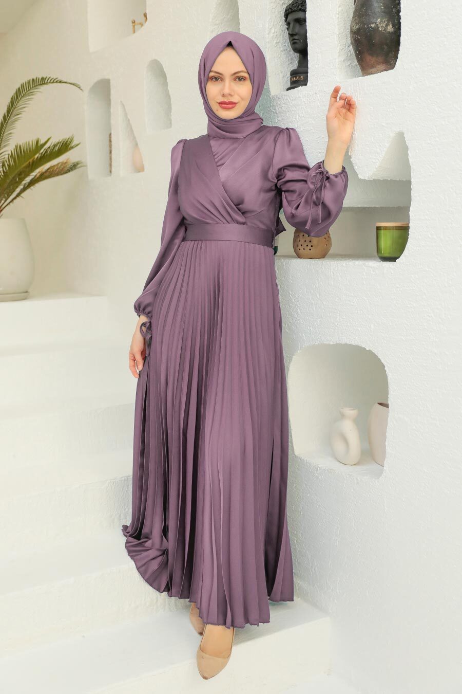 Rumaisa Satin Pleated Dress - Purple