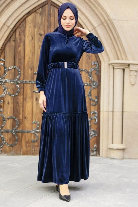 Sarah Velvet Belted Dress - Blue