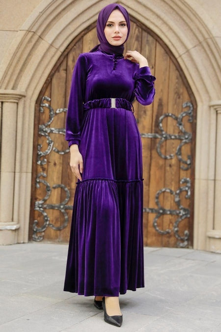 Sarah Velvet Belted Dress - Purple